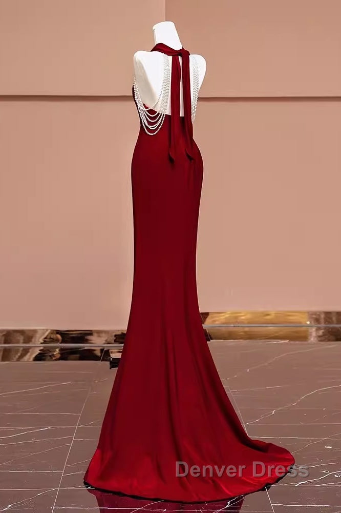 Mermaid Halter Burgundy Long Prom Dresses Secondary image