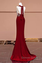 Mermaid Halter Burgundy Long Prom Dresses