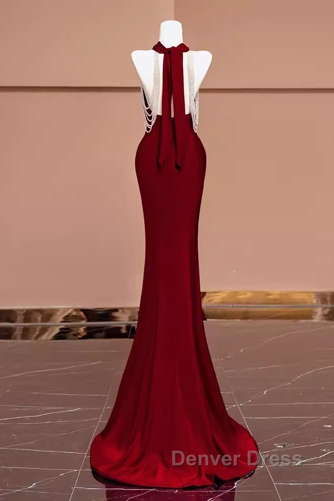 Mermaid Halter Burgundy Long Prom Dresses