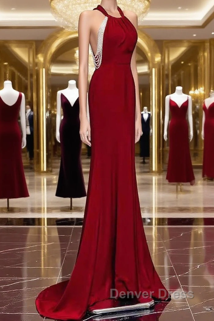 Mermaid Halter Burgundy Long Prom Dresses Main image