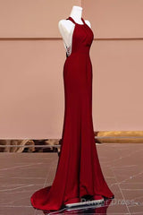 Mermaid Halter Burgundy Long Prom Dresses