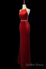 Mermaid Halter Burgundy Long Velvet Prom Dresses