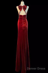 Mermaid Halter Burgundy Long Velvet Prom Dresses