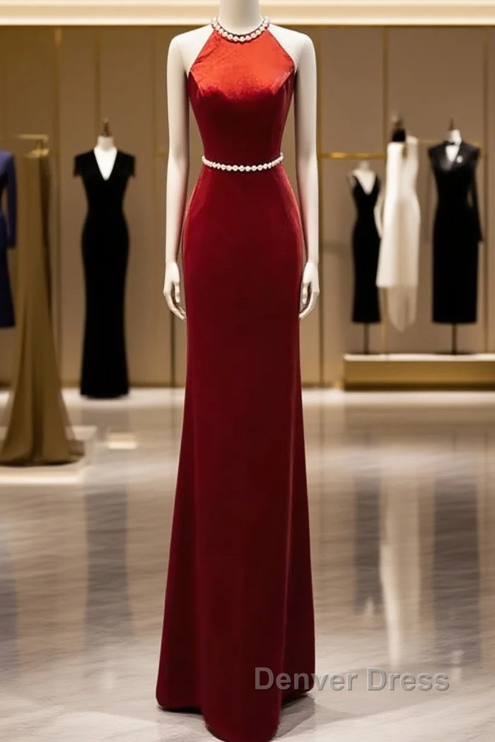Mermaid Halter Burgundy Long Velvet Prom Dresses Main image