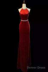 Mermaid Halter Burgundy Long Velvet Prom Dresses