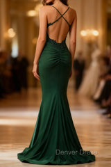 Mermaid Halter Dark Green Long Prom Dress with Appliques Beading