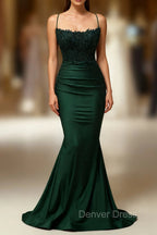 Mermaid Halter Dark Green Long Prom Dresses with Appliques Beading