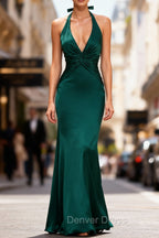 Mermaid Halter Dark Green Long Satin Prom Dresses