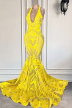 Mermaid Halter Floor Length Sleeveless Open Back Appliques Lace Prom Dresses