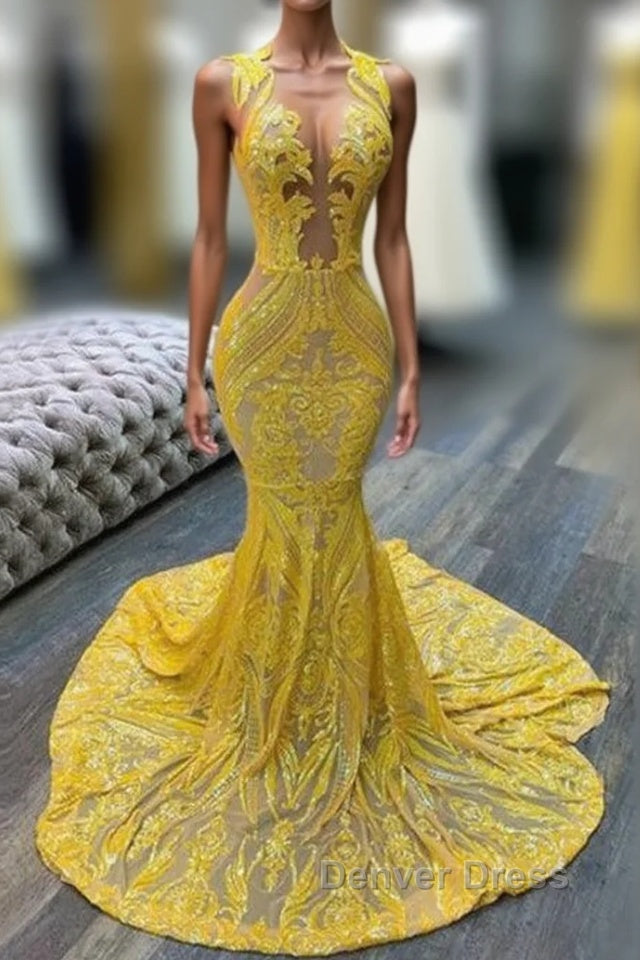 Mermaid Halter Floor-length Sleeveless Open Back Sequined Appliques Lace Prom Dresses Main image