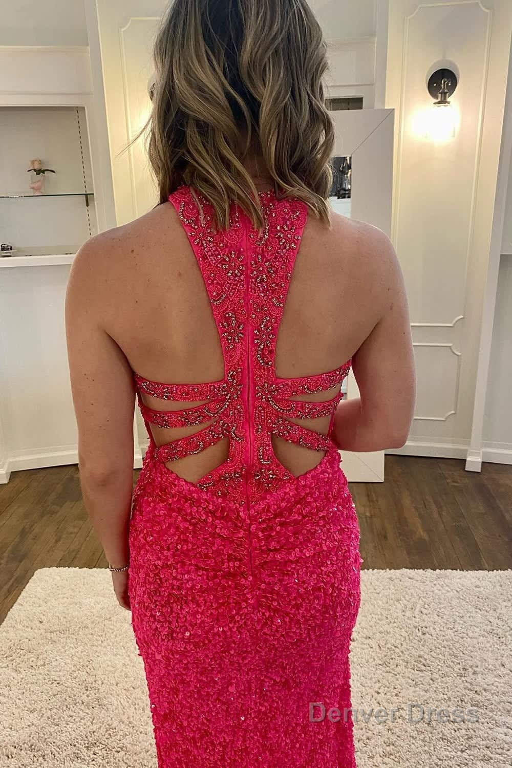 Mermaid Halter Neck Hot Pink Sequins Long Prom Dresses with Split Front Secondary image