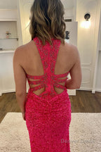 Mermaid Halter Neck Hot Pink Sequins Long Prom Dresses with Split Front