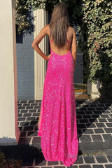 mermaid halter neck hot pink sequins long prom dress with split front