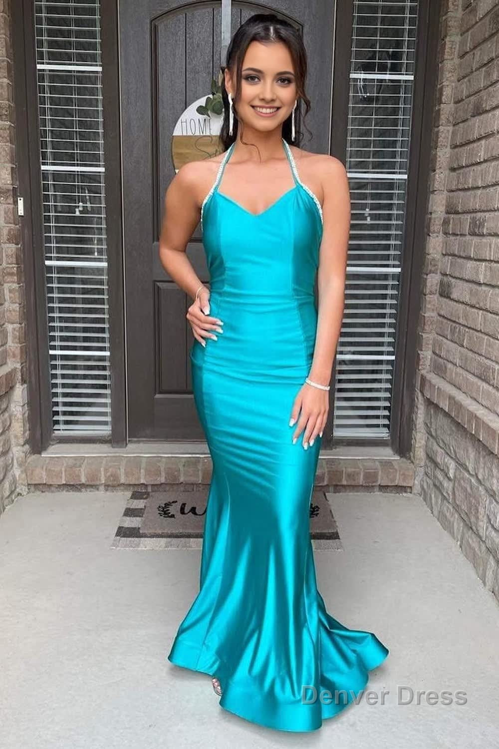 Mermaid Halter Neck Peacock Green Long Prom Dress with Backless Main image