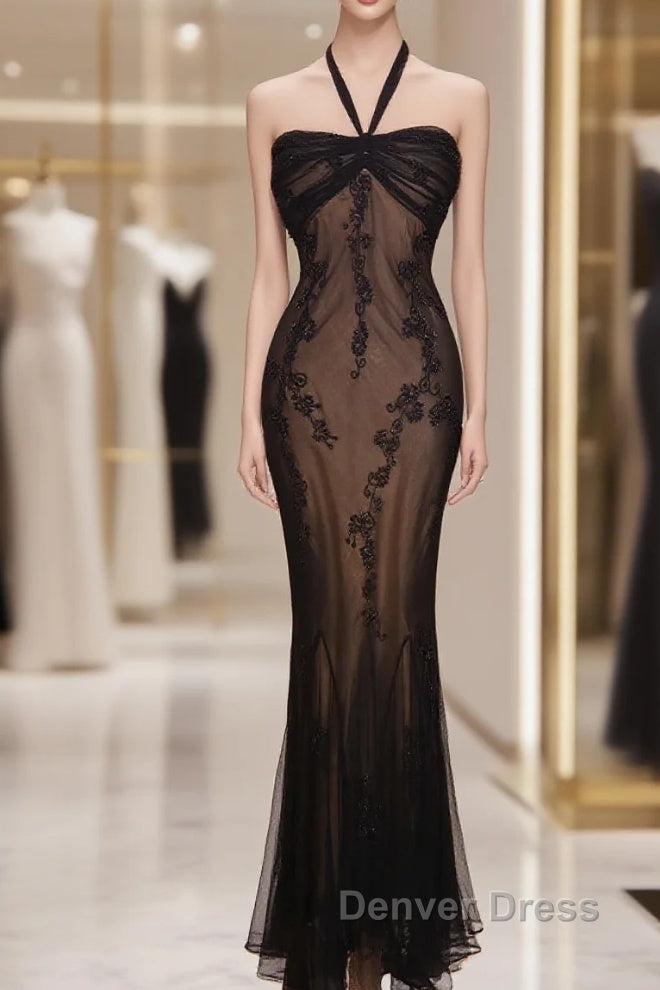 Mermaid Halter Neck Tulle Applique Long Prom Dresses Main image