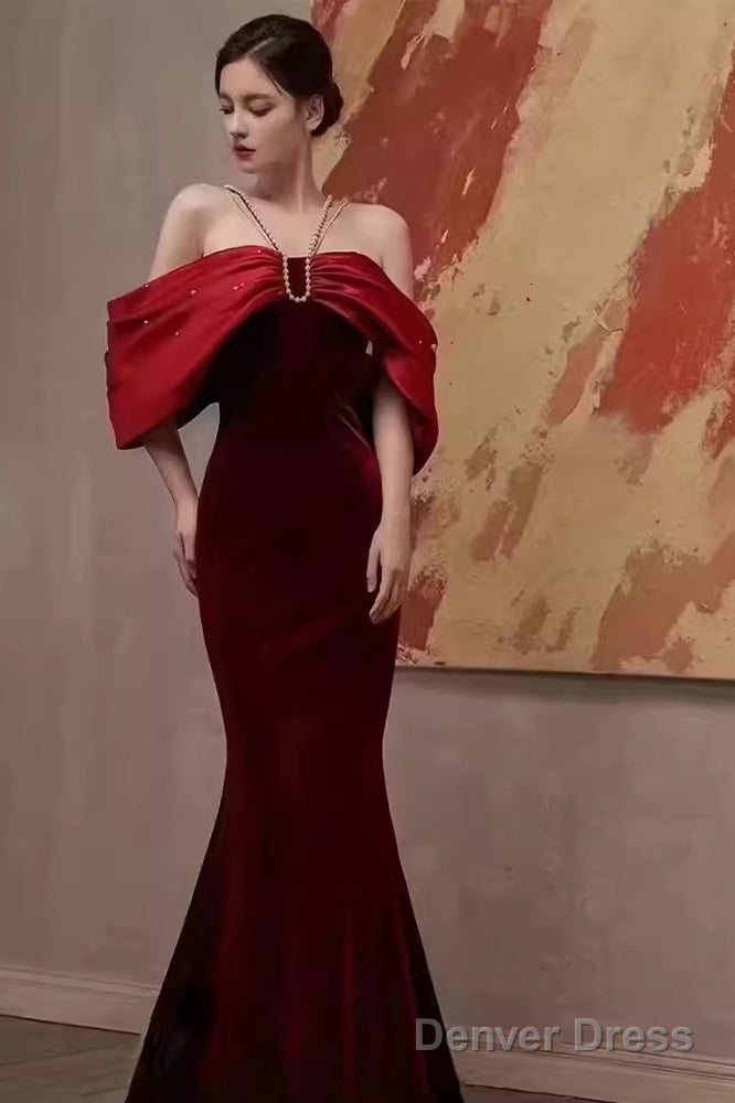 Mermaid Halter Red Velvet Party Dress Long Prom Dress Secondary image