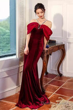 Mermaid Halter Red Velvet Party Dress Long Prom Dress