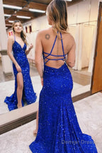 Mermaid Halter Sequins Long Prom Dresses with Silt