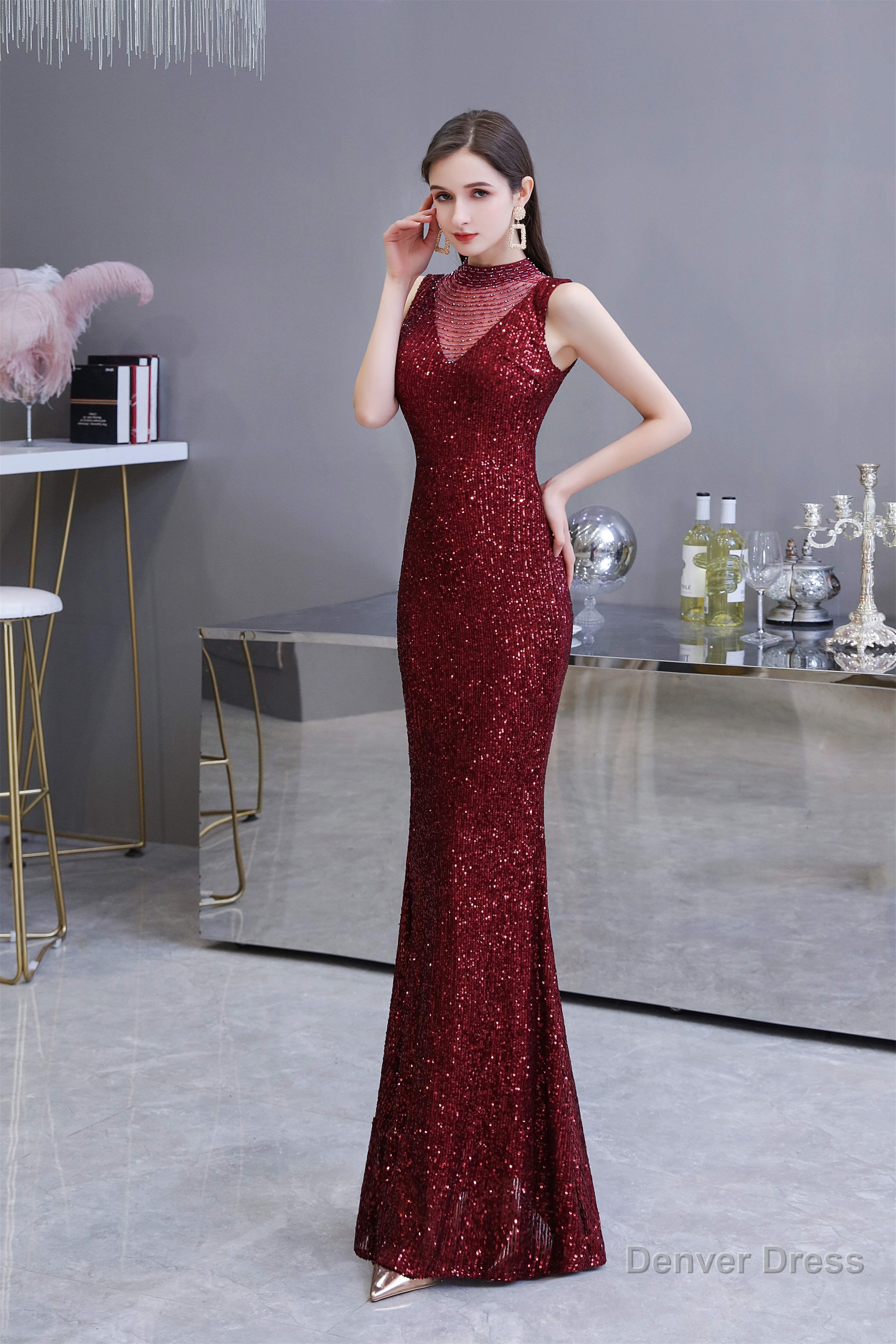 Mermaid Halter Sleeveless See Through Sequins Floor Length Prom Dresses