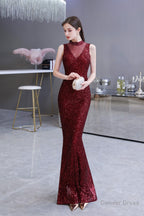 Mermaid Halter Sleeveless See Through Sequins Floor Length Prom Dresses