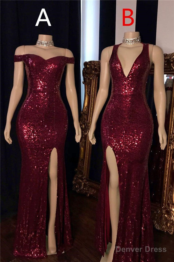 Mermaid Halter V Neck Or Portrait Front Slit Floor Length Paillette Prom Dresses