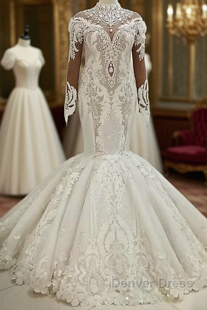 Mermaid High Collar Floor Length Tulle Applique Paillette Wedding Dresses