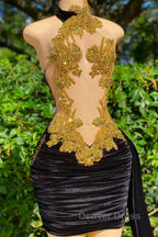 Mermaid High Neck Applique Lace Mini Sleeveless Backless Prom Dresses With Side Train