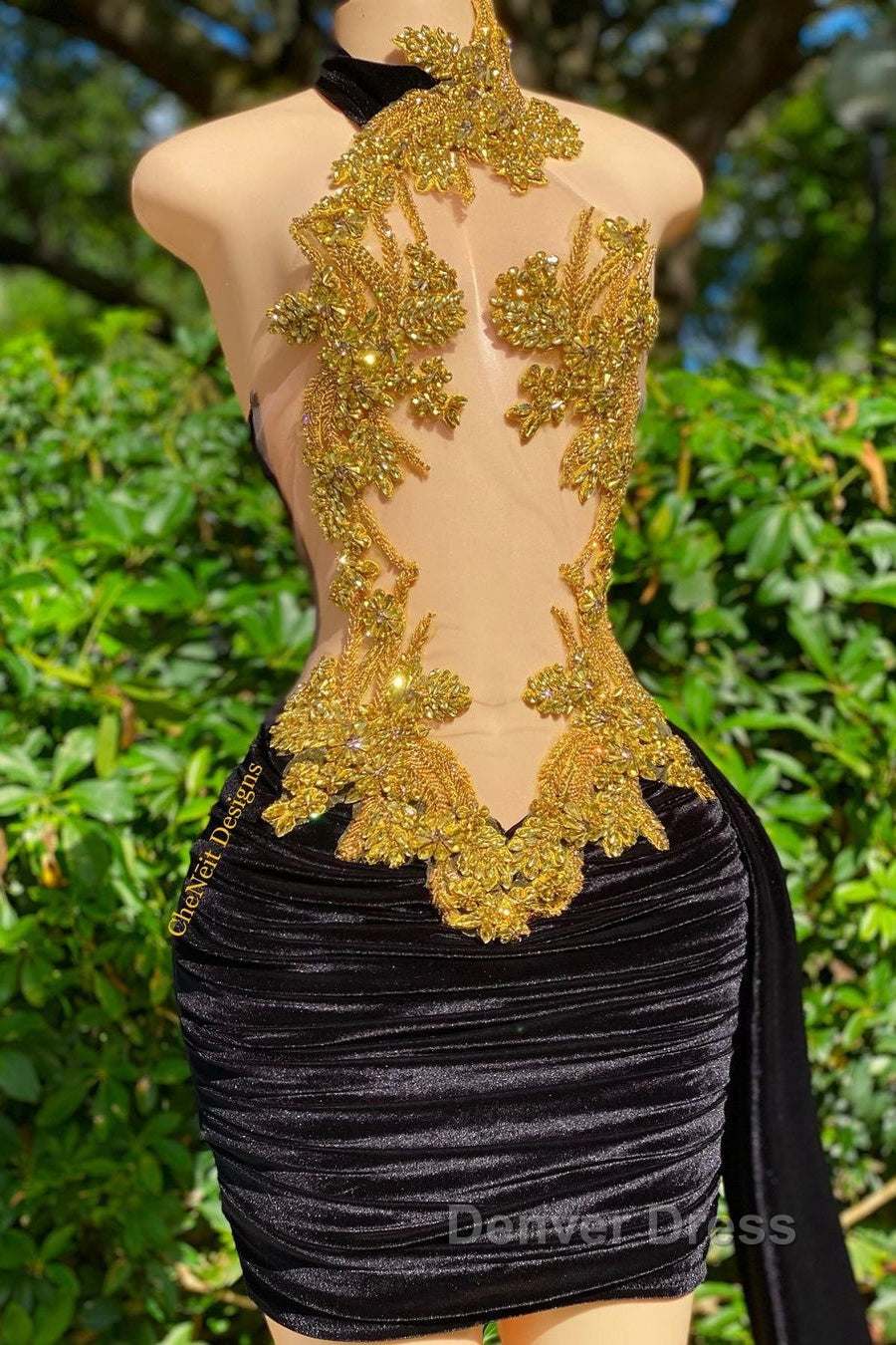 Mermaid High Neck Applique Lace Mini Sleeveless Backless Prom Dresses With Side Train