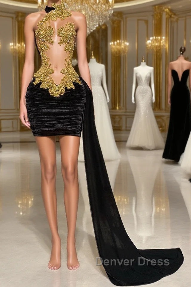 Mermaid High Neck Applique Lace Mini Sleeveless Backless Prom Dresses With Side Train