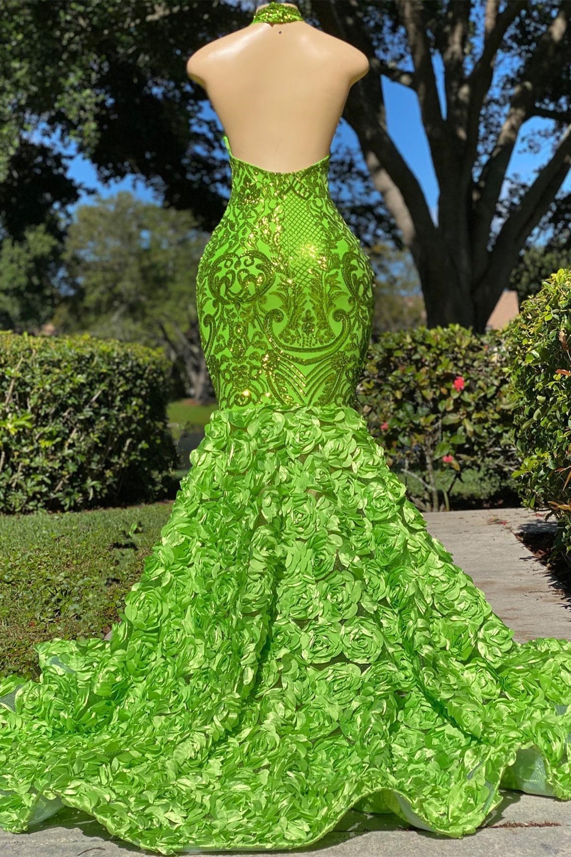Mermaid High Neck Appliques Lace Sequined Open Back Floor-Length Sleeveless Prom Dress Secondary image