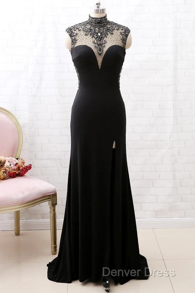 Mermaid High Neck Beaded Jersey Black Formal Evening Prom Gown With Slit