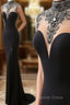 Mermaid High Neck Beaded Jersey Black Formal Evening Prom Gown With Slit