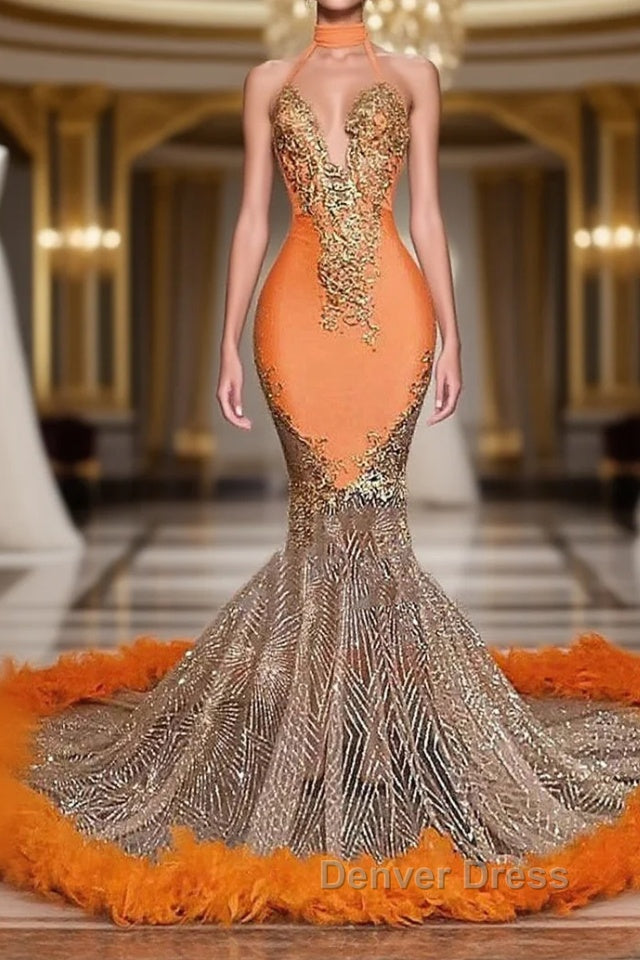 Mermaid High Neck Floor Length Sleeveless Appliques Lace Prom Dresses With Feather