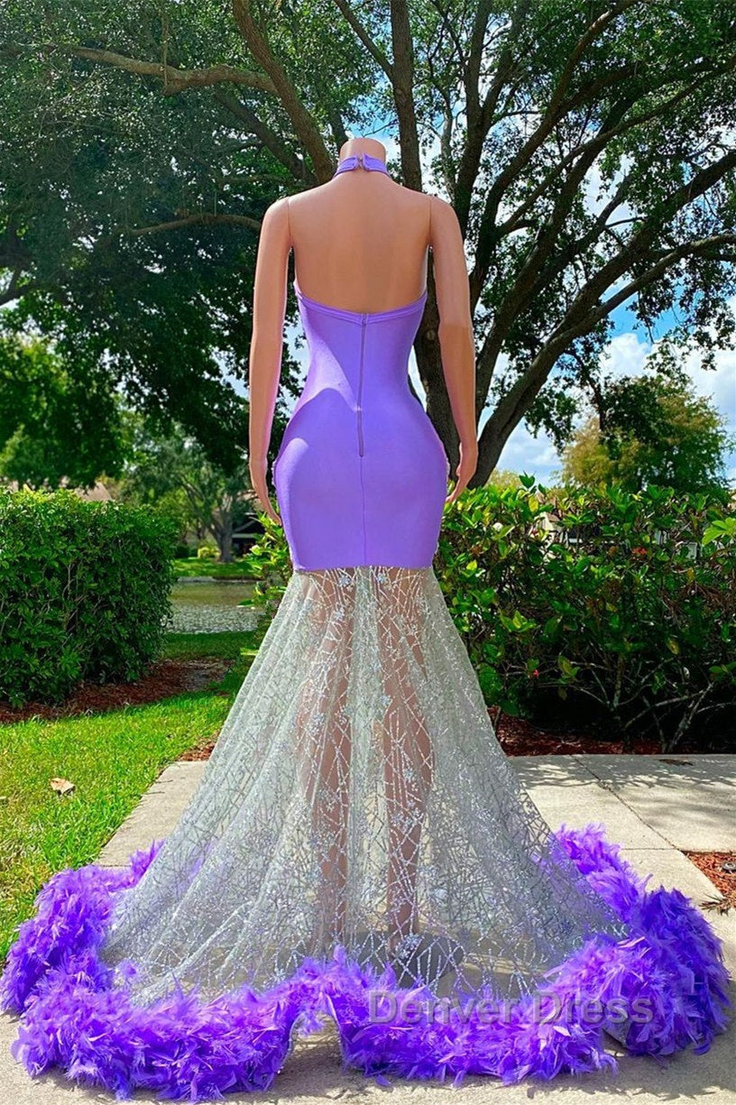 Mermaid High Neck Floor-length Sleeveless Open Back Appliques Lace Beaded Prom Dresses With Feather Secondary image
