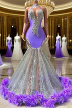 Mermaid High Neck Floor Length Sleeveless Open Back Appliques Lace Beaded Prom Dresses With Feather