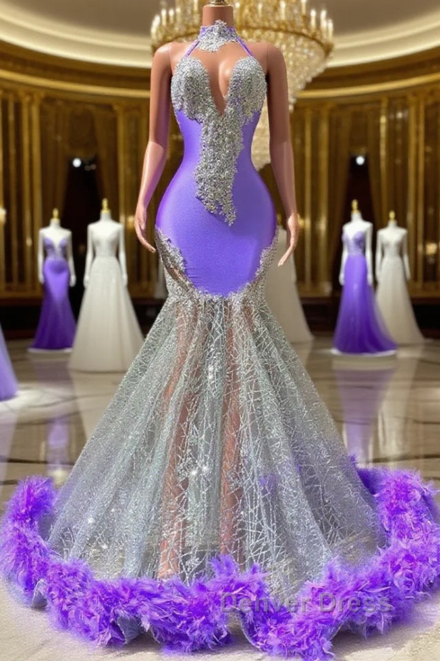 Mermaid High Neck Floor Length Sleeveless Open Back Appliques Lace Beaded Prom Dresses With Feather