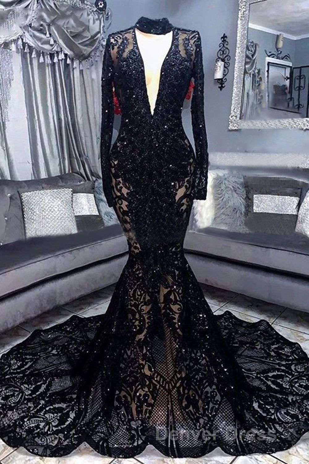 Mermaid High Neck Long Sleeves Prom Dresses