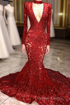 Mermaid High Neck Long Sleeves Prom Dresses