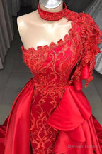 Mermaid High Neck One Shoulder Floor Length Half Sleeve Appliques Lace With Side Train Prom Dresses