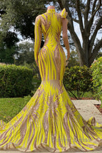 Mermaid High Neck One Shoulder Sequined Floor Length Long Sleeve Lace Prom Dresses