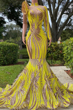 Mermaid High Neck One Shoulder Sequined Floor Length Long Sleeve Lace Prom Dresses