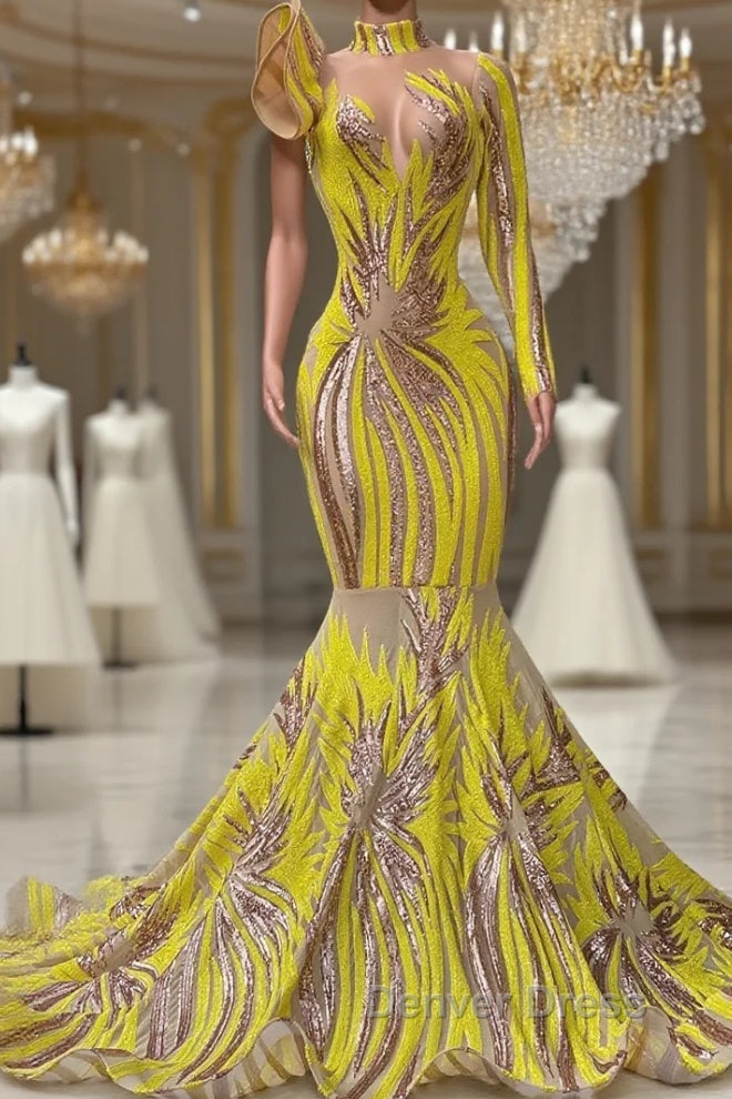 Mermaid High Neck One Shoulder Sequined Floor-length Long Sleeve Lace Prom Dresses Main image