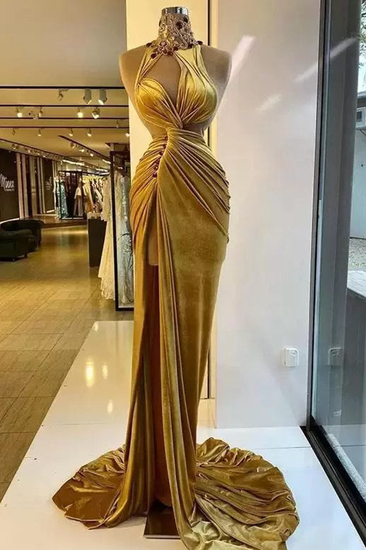 Mermaid High Neck Ruffles Floor-Length Sleeveless Rhinestone High Split Prom Dress