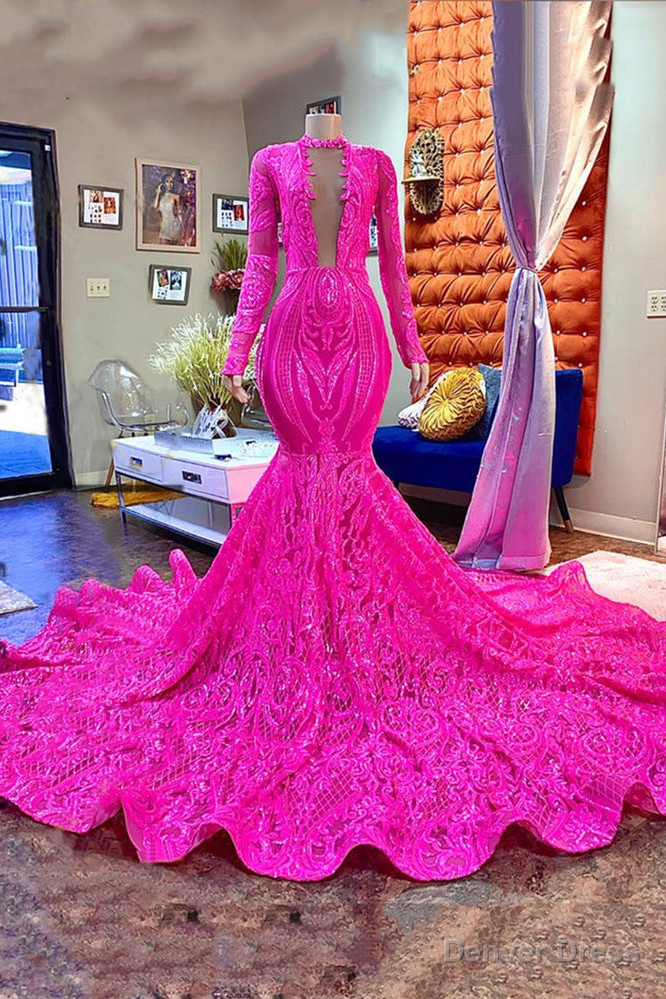 Mermaid High Neck Sequined Floor-length Long Sleeve Appliques Lace Prom Dress Main image