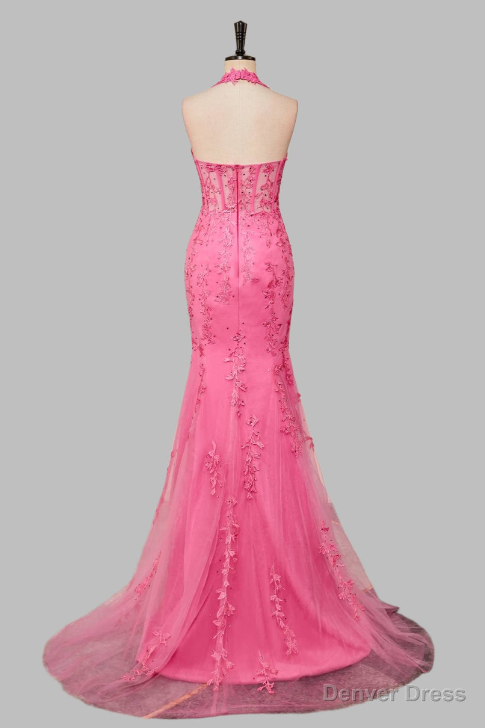 Mermaid Hot Pink Halter Appliques Long Prom Dresses with Slit Secondary image
