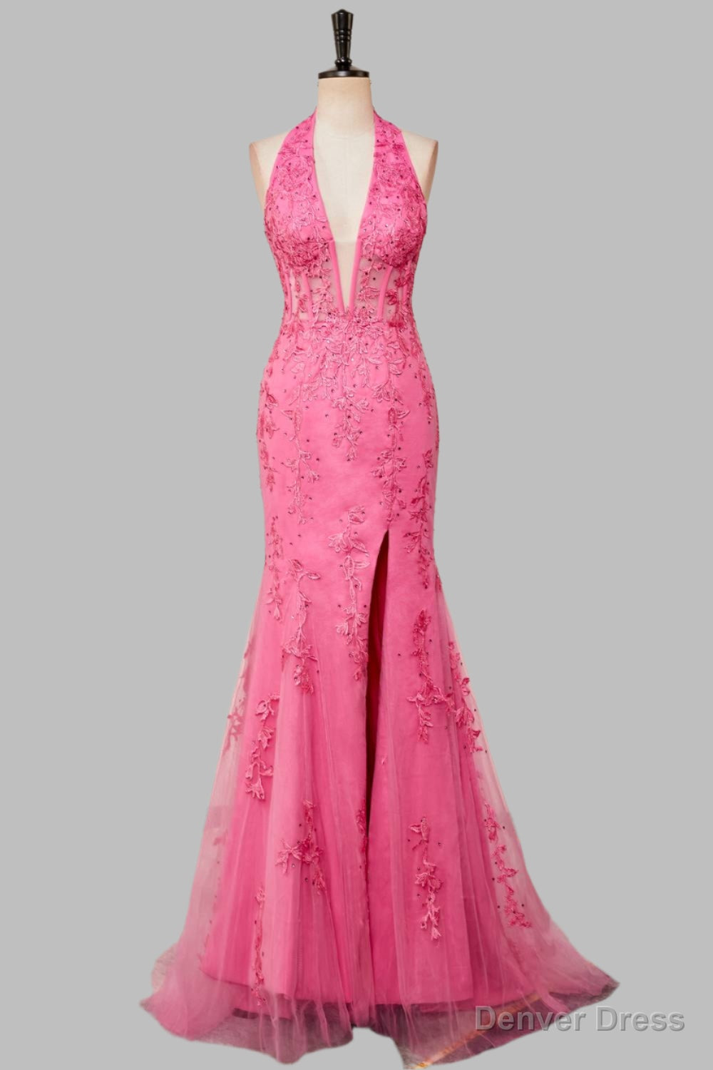 Mermaid Hot Pink Halter Appliques Long Prom Dresses with Slit Main image