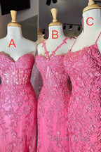 Mermaid Hot Pink Lace Long Prom Dress, Long Hot Pink Prom Graduation Prom Dresses