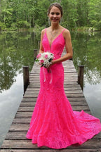 Trumpet Hot Pink V-Neck Lace Backless Sleeveless Long Prom Dresses
