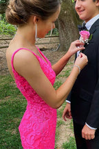 Trumpet Hot Pink V-Neck Lace Backless Sleeveless Long Prom Dresses