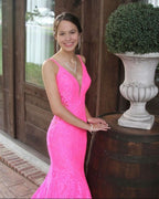 Trumpet Hot Pink V-Neck Lace Backless Sleeveless Long Prom Dresses